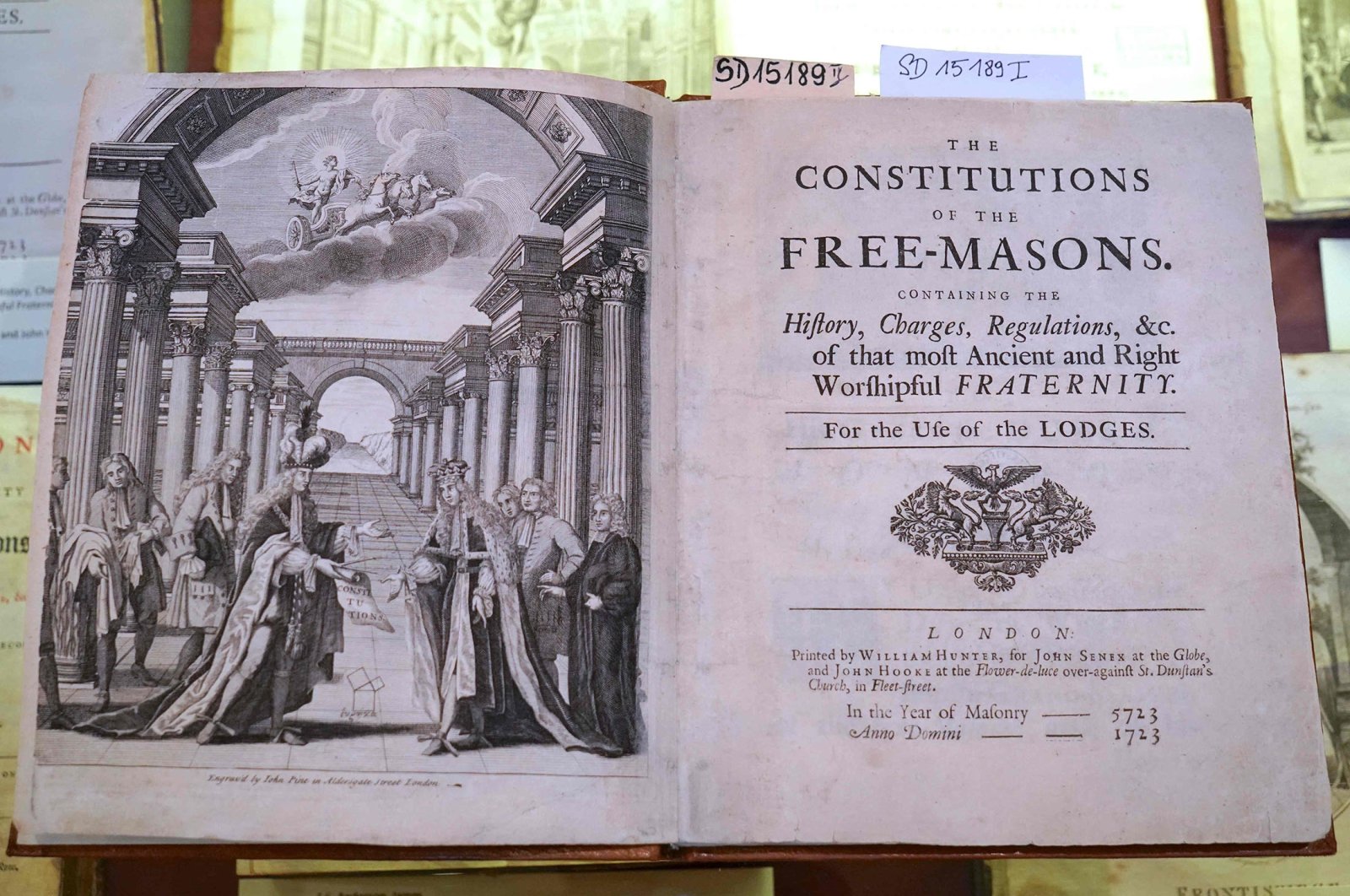 A copy of the work &quot;The Constitutions of the Free-Masons,&quot; the first Masonic constitution written by James Anderson published in 1723, on display at the Poznan University Library in Poznan, Poland, Dec. 22, 2021. (AFP Photo)