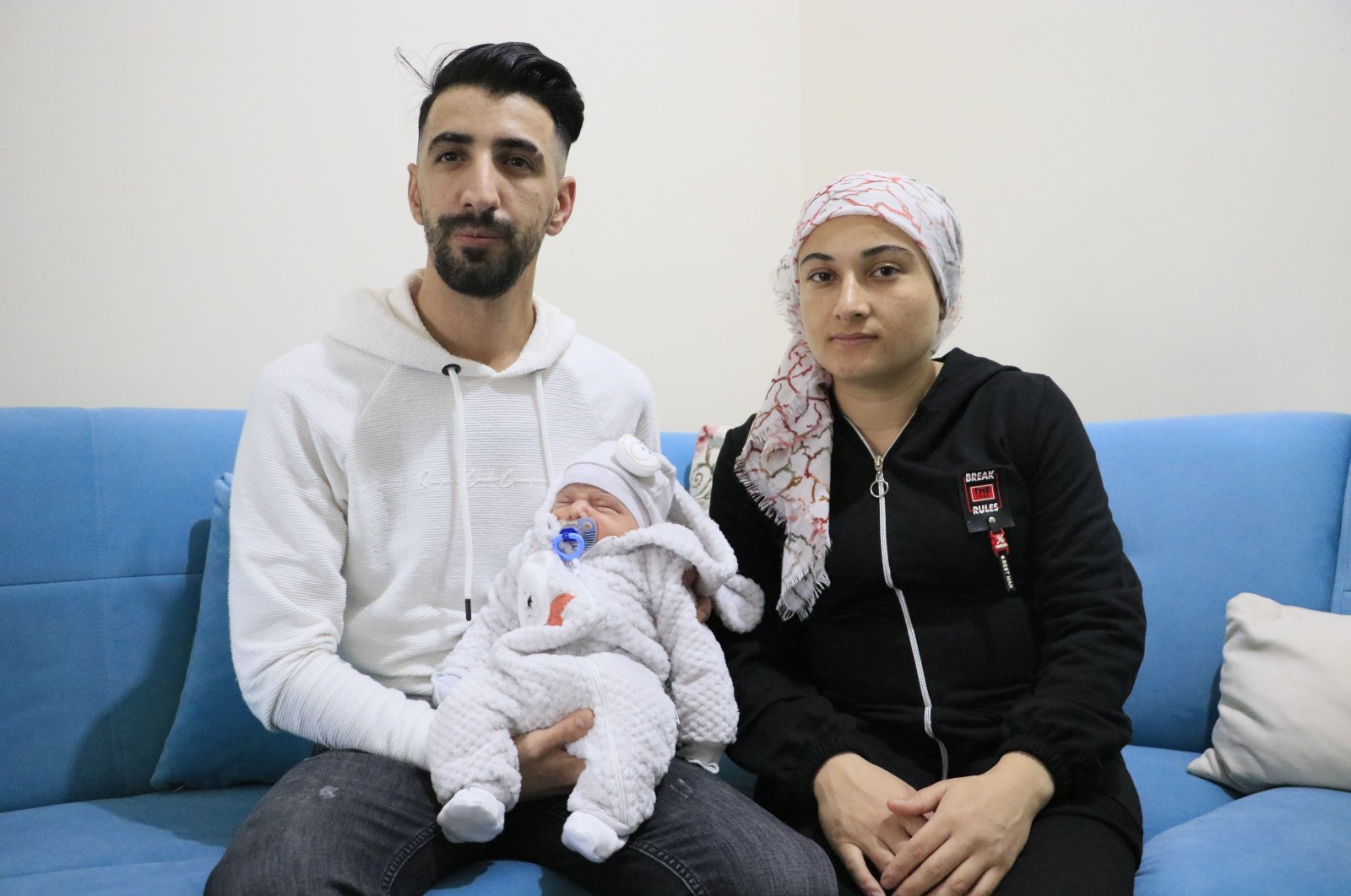 Güven Arslan and his wife Sibel Arslan pose with their newborn baby Ragnar in Diyarbakır, southeastern Turkey, Jan. 10, 2022. (DHA PHOTO)