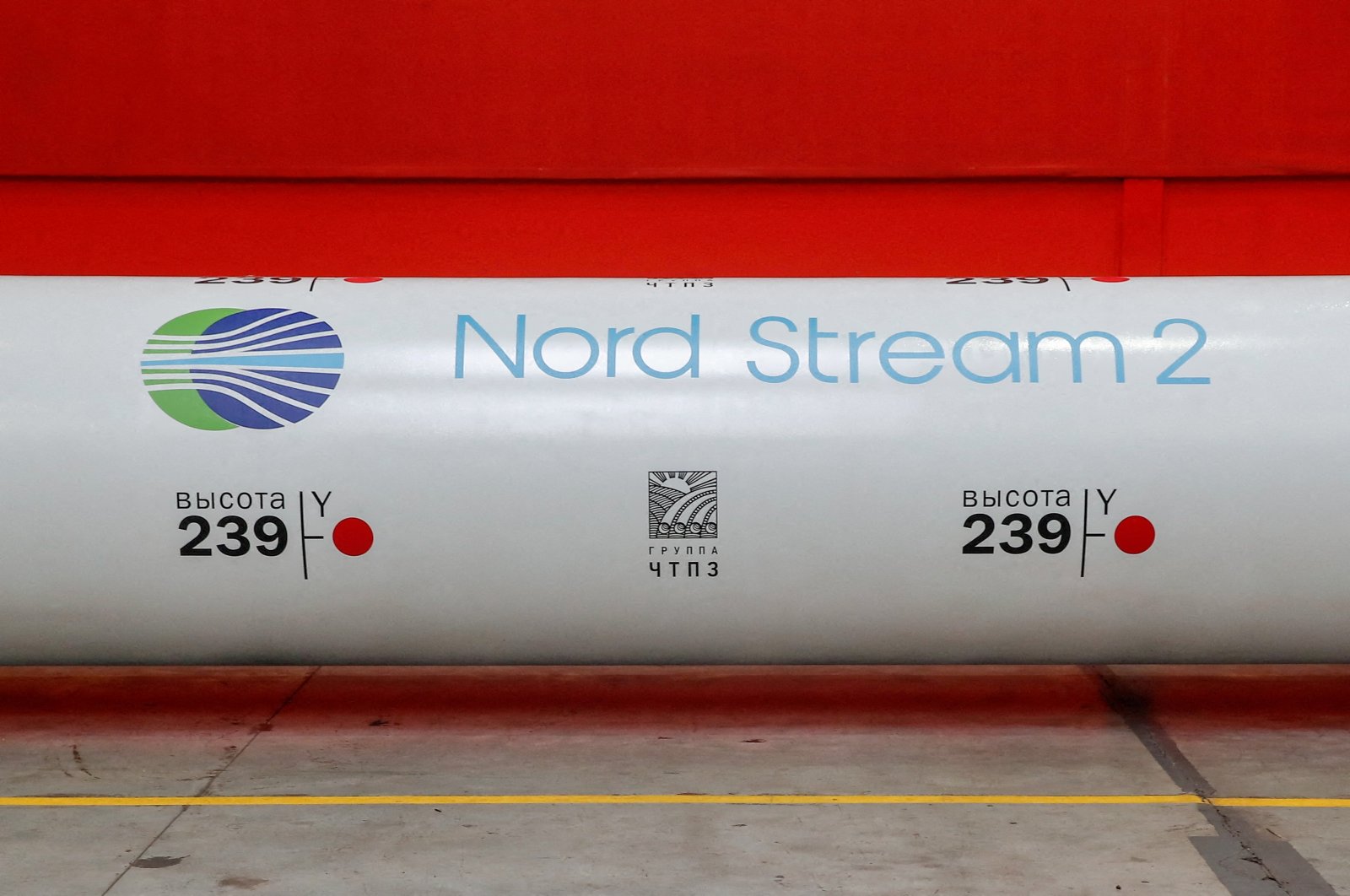 The logo of the Nord Stream 2 gas pipeline project is seen on a large-diameter pipe at the Chelyabinsk Pipe Rolling Plant owned by ChelPipe Group in Chelyabinsk, Russia, Feb. 26, 2020. (Reuters Photo)