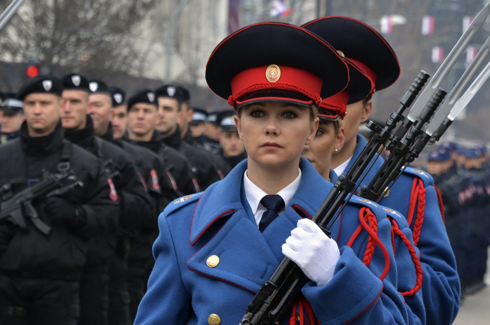 Members of the police forces of the Republic of Srpska march during a parade marking the 30th anniversary of the Republic of Srpska in Banja Luka, northern Bosnia, Sunday, Jan. 9, 2022. (AP Photo)