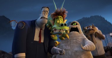 Griffin the Invisible Man (L), voiced by David Spade, Frank (C-L), voiced by Brad Abrell, Monster Johnny (C), voiced by Andy Samberg, Murray (C-R), voiced by Keegan-Michael Key, and Wayne, voiced by Steve Buscemi, in a scene from the animated film "Hotel Transylvania: Transformania." (Sony Pictures Animation via AP)
