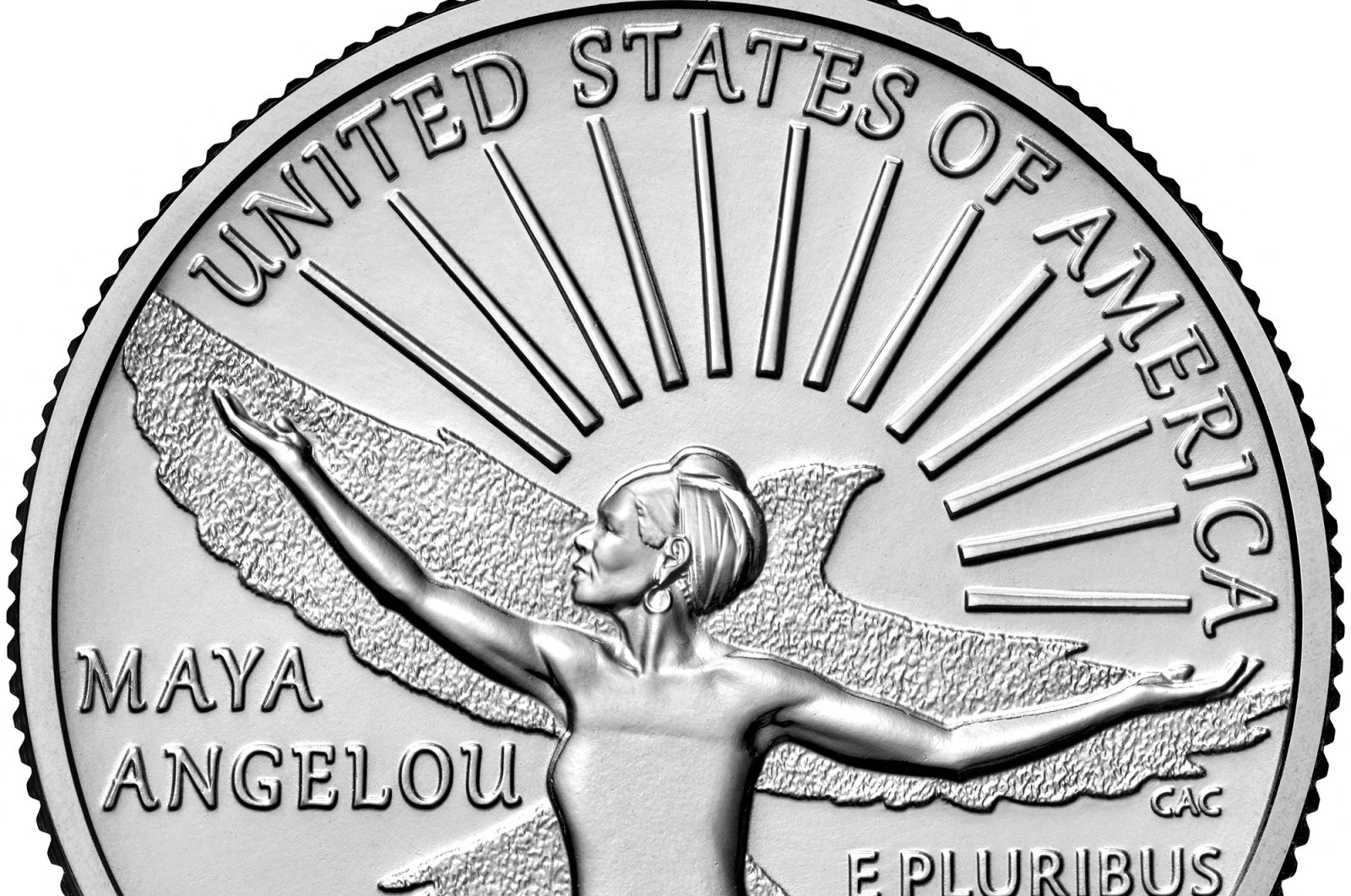 The reverse (tails) quarter dollar coin honoring Maya Angelou, designed by United States Mint Artistic Infusion Program (AIP) Artist Emily Damstra and sculpted by U.S. Mint Medallic Artist Craig A. Campbell,Jan. 10, 2022. (Photo by The U.S. Department of Treasury via AFP)