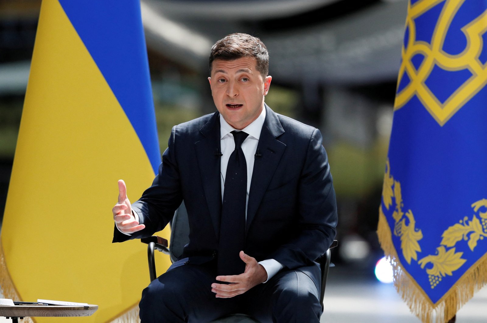 Ukraine&#039;s President Volodymyr Zelenskyy speaks during his annual news conference at the Antonov aircraft plant in Kyiv, Ukraine, May 20, 2021. (Reuters Photo)