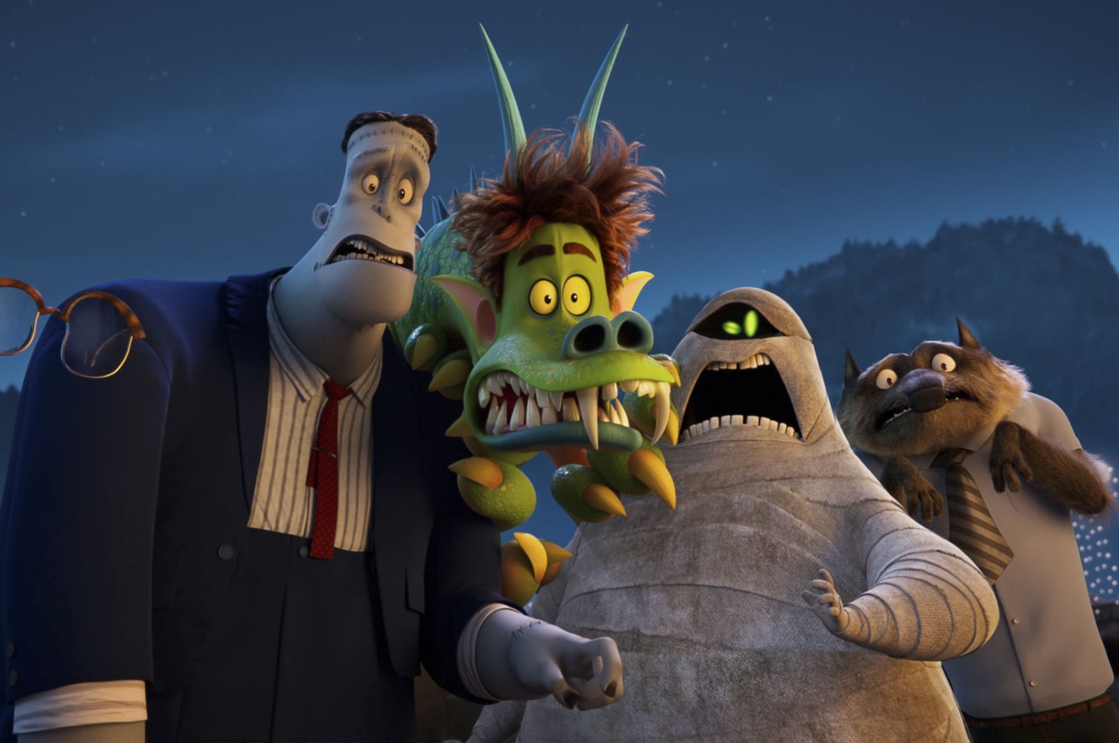 Griffin the Invisible Man (L), voiced by David Spade, Frank (C-L), voiced by Brad Abrell, Monster Johnny (C), voiced by Andy Samberg, Murray (C-R), voiced by Keegan-Michael Key, and Wayne, voiced by Steve Buscemi, in a scene from the animated film &quot;Hotel Transylvania: Transformania.&quot; (Sony Pictures Animation via AP)
