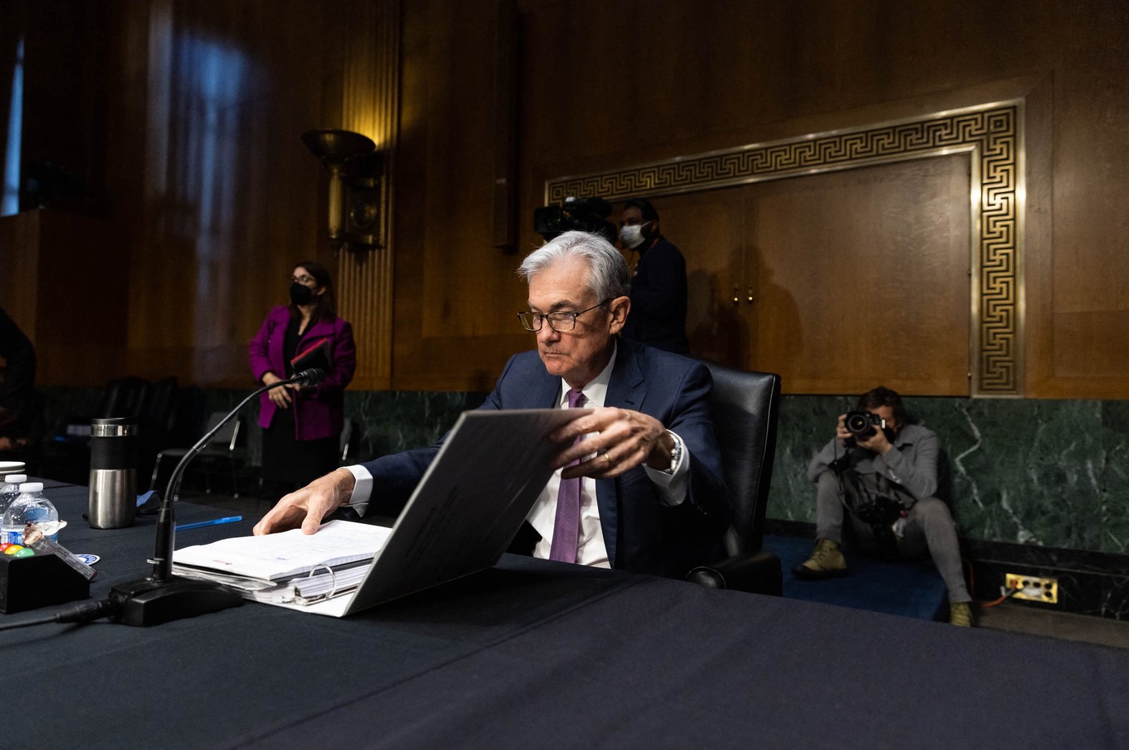 Jerome H. Powell, Nominee to be Chairperson of the Board of Governors of the Federal Reserve prepares to leave at the conclusion of a Senate Banking, Housing and Urban Affairs confirmation hearing on Capitol Hill, , in Washington, D.C., Jan. 11, 2022. (AFP Photo)