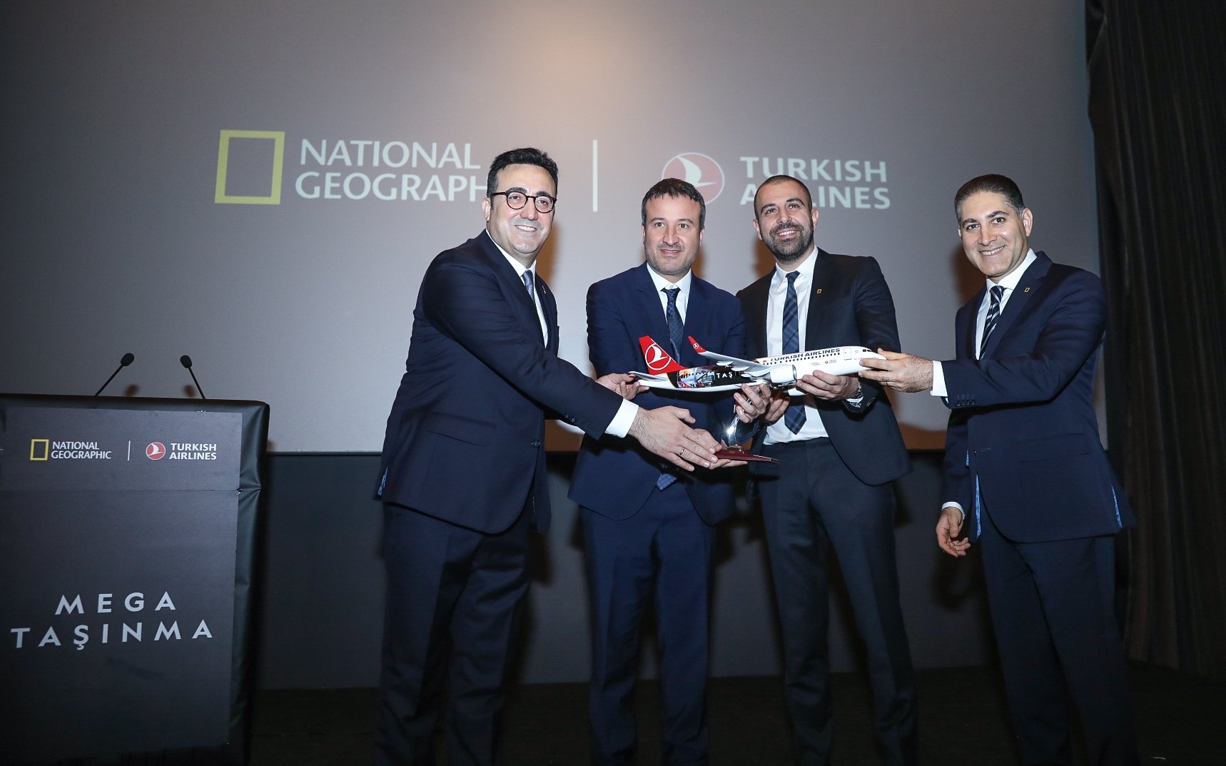 Turkish Airlines (THY) Chairperson of the Board Ilker Aycı (L) and other officials during the premiere of 'The Great Move' documentary, Istanbul, Turkey, Jan. 12, 2021. (DHA Photo)