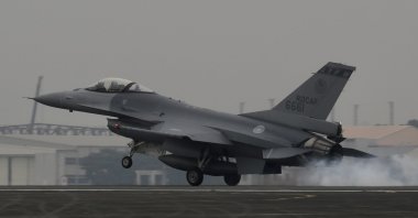 A Taiwan Air Force F-16V fighter jet landing  inside the airbase during a military drill in Chiayi, Taiwan, Jan. 5, 2022. (EPA Photo)