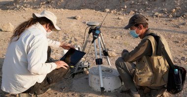 Members of a German-Iraqi archaeological expedition follow up on geophysical survey at the ancient site of Al-Hirah, south of the holy city of Najaf, Iraq, Oct. 24, 2021. (AFP Photo)