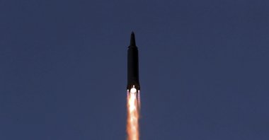 This photo provided by the North Korean government shows what it says is a test launch of a hypersonic missile in North Korea on Jan. 11, 2022. (Korean Central News Agency/Korea News Service via AP)