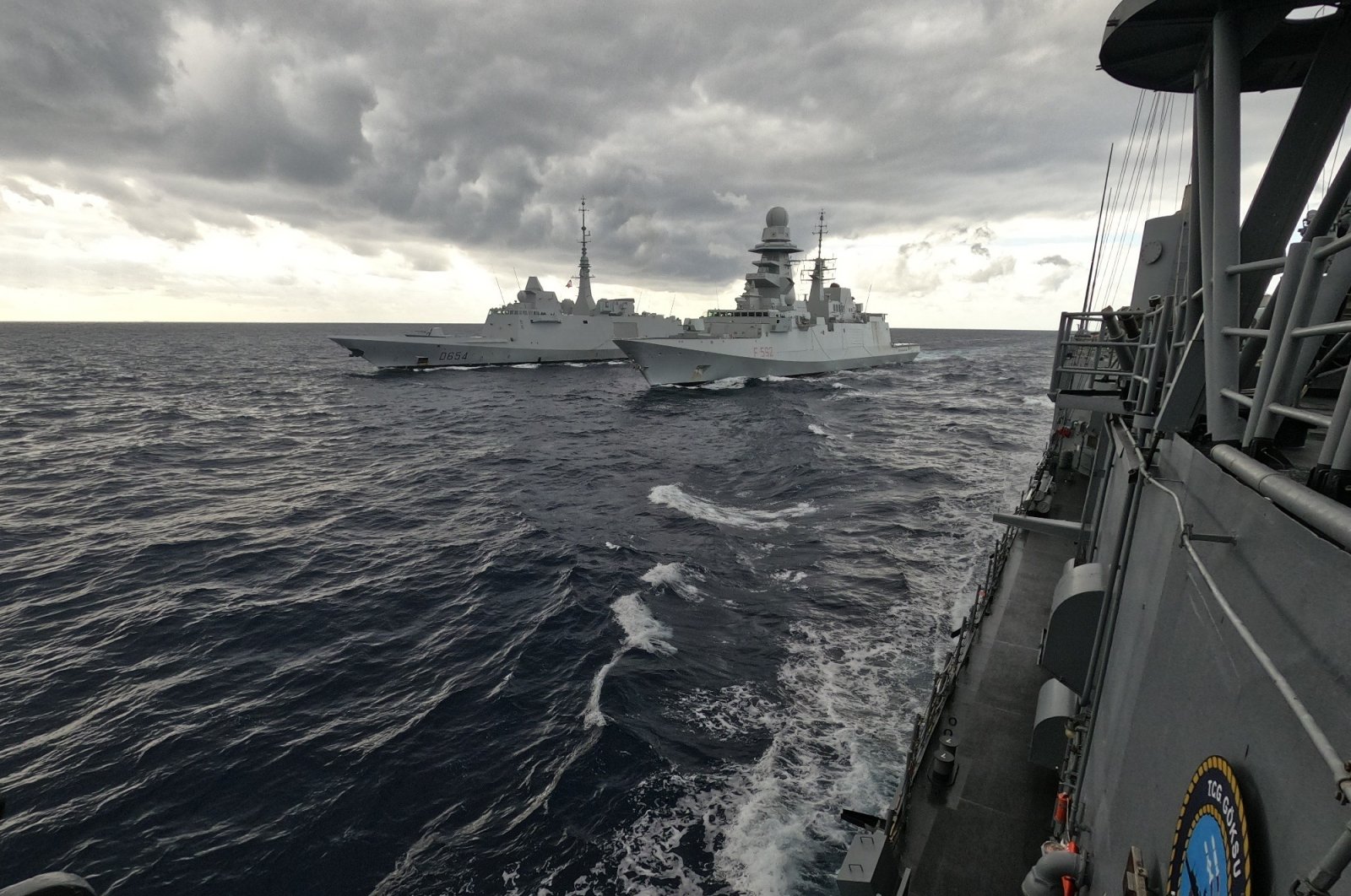 TCG Göksu and TCG Salihreis attend training with NATO&#039;s ITS Margottini in the Eastern Mediterranean in this photo released by Turkey&#039;s Defense Ministry, Jan. 12, 2022. (Defense Ministry handout)