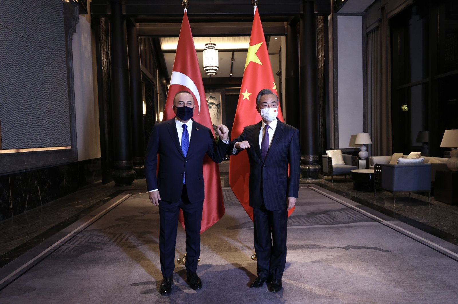 Foreign Minister Mevlüt Çavuşoğlu and his Chinese counterpart, Wang Yi in Beijing, China, Jan.12, 2022 (AA Photo)