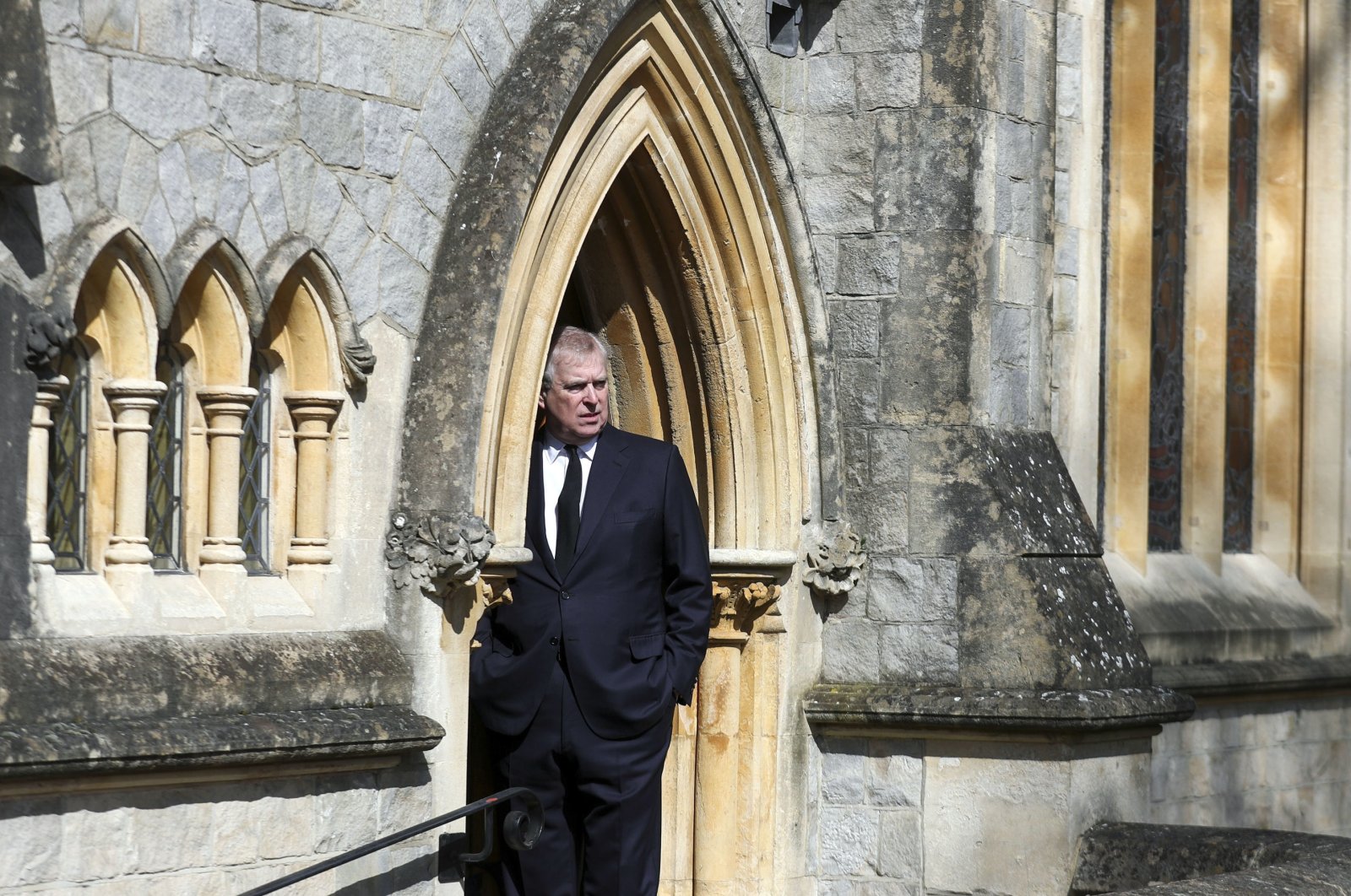 Britain&#039;s Prince Andrew attends the Sunday service at the Royal Chapel of All Saints at Royal Lodge, Windsor, following the death announcement of his father, Prince Philip, in England, April 11, 2021.  (AP Photo)