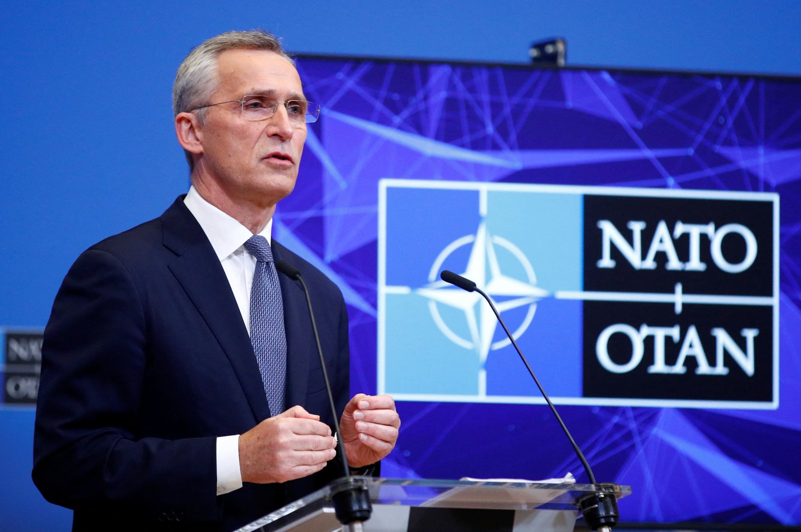 NATO Secretary-General Jens Stoltenberg speaks during a news conference at the alliance&#039;s headquarters in Brussels, Belgium, Jan. 12, 2022. (Reuters Photo)
