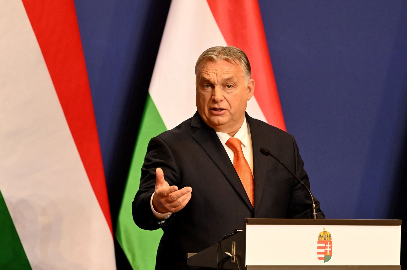 Hungarian Prime Minister Viktor Orban holds a press conference after his government&#039;s last meeting of the year in Budapest, Hungary, Dec. 21, 2021. (AFP Photo)