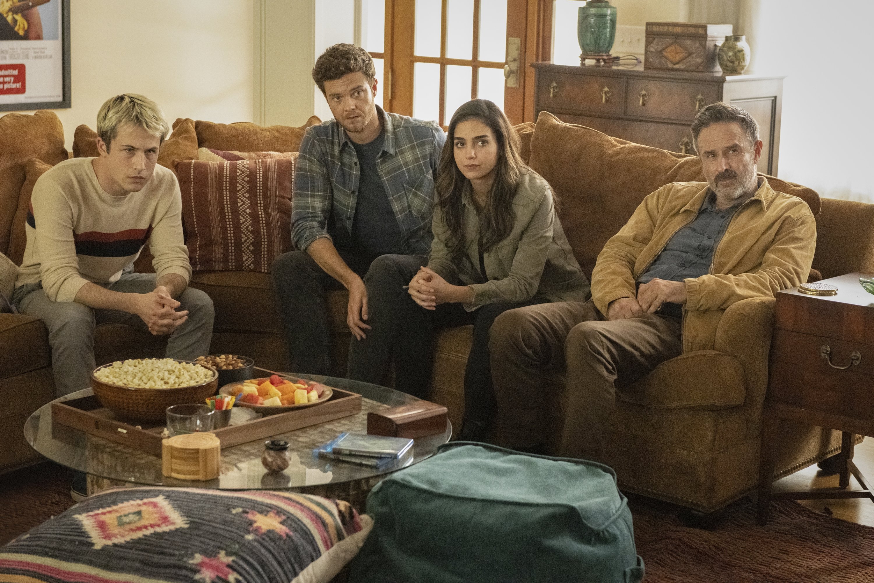 This image released by Paramount Pictures shows Dylan Minnette (L), Jack Quaid, Melissa Barrera and David Arquette in a scene from "Scream." (AP)