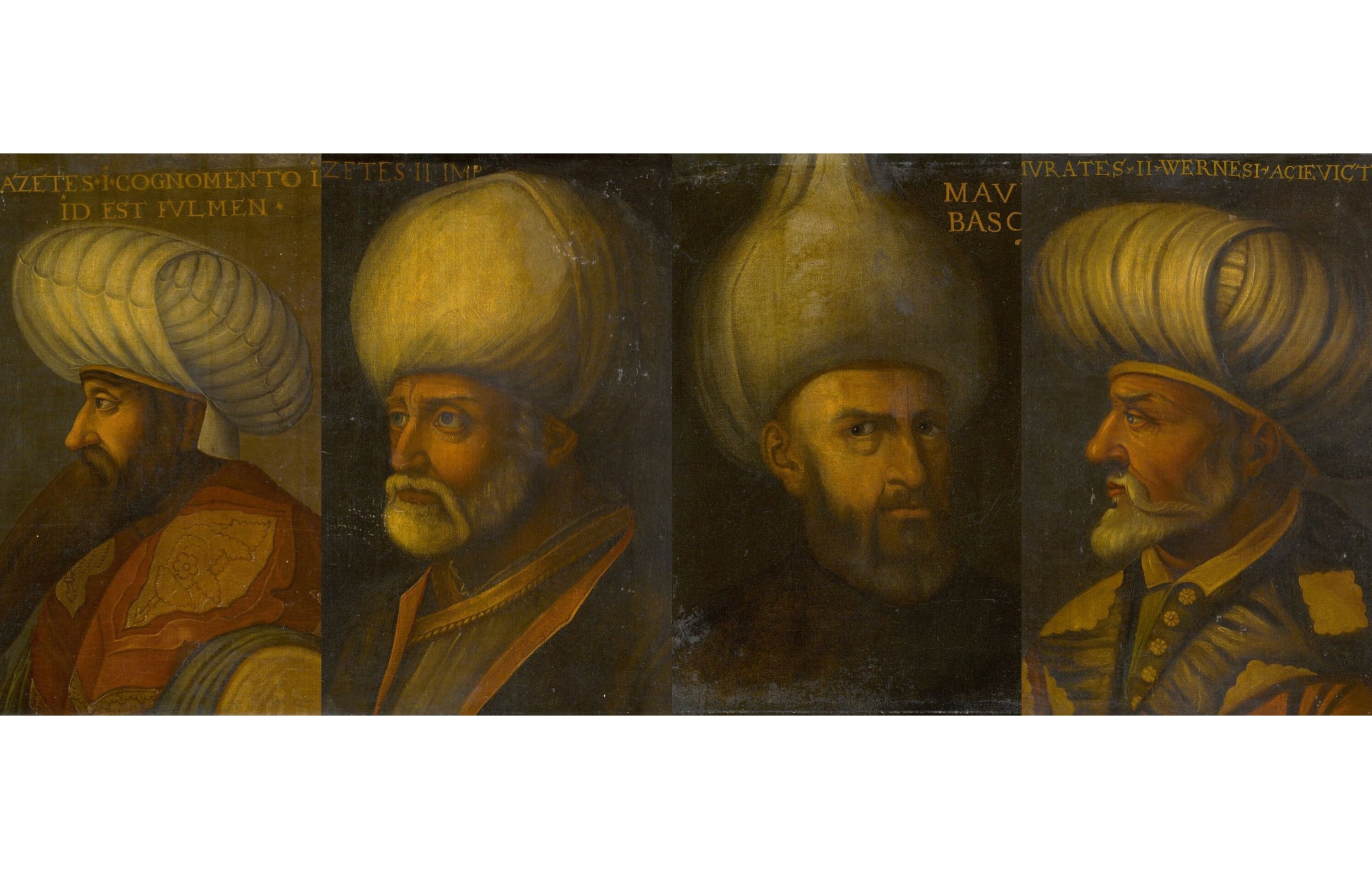 Potret para sultan Utsmaniyah yang dilelang oleh Sotheby's, dari kiri ke kanan, Bayezid I, Bayezid II, Mehmed I dan Murad II.  (DHA)