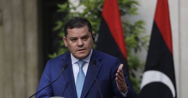 Libyan Prime Minister Abdulhamid Dbeibah delivers his statement at the end of a meeting with Italian Prime Minister Mario Draghi at Chigi palace, Premier&#039;s office, in Rome, May 31, 2021. (AP File Photo)