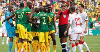 Referee Janny Sikazwe awards Tunisia a penalty in an Africa Cup of Nations match against Mali, Limbe, Cameroon, Jan. 12, 2022. (Reuters Photo)