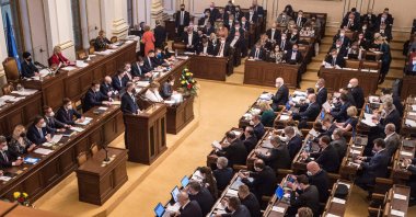 Czech Prime Minister Petr Fiala delivers a speech in the Czech Parliament in Prague, Jan. 12, 2022. (AFP Photo)
