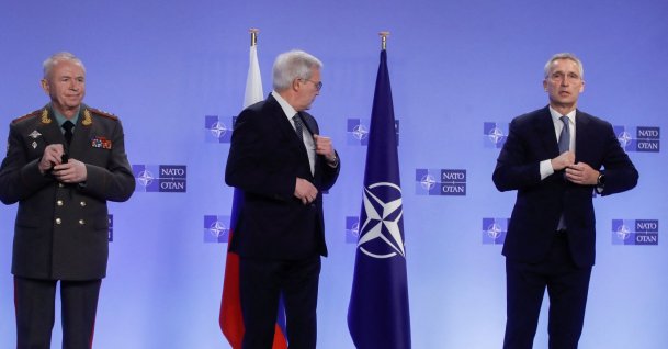 Russian Deputy Defense Minister Colonel General Alexander Fomin, Russian Deputy Foreign Minister Alexander Grushko and NATO Secretary-General Jens Stoltenberg are seen during NATO-Russia Council at the Alliance's headquarters in Brussels, Belgium, Jan. 12, 2022. (REUTERS Photo)