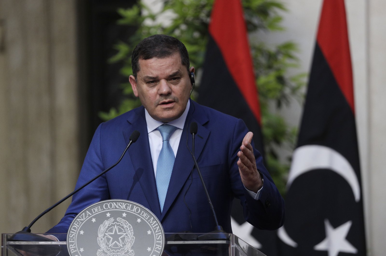 Libyan Prime Minister Abdulhamid Dbeibah delivers his statement at the end of a meeting with Italian Prime Minister Mario Draghi at Chigi palace, Premier&#039;s office, in Rome, May 31, 2021. (AP File Photo)