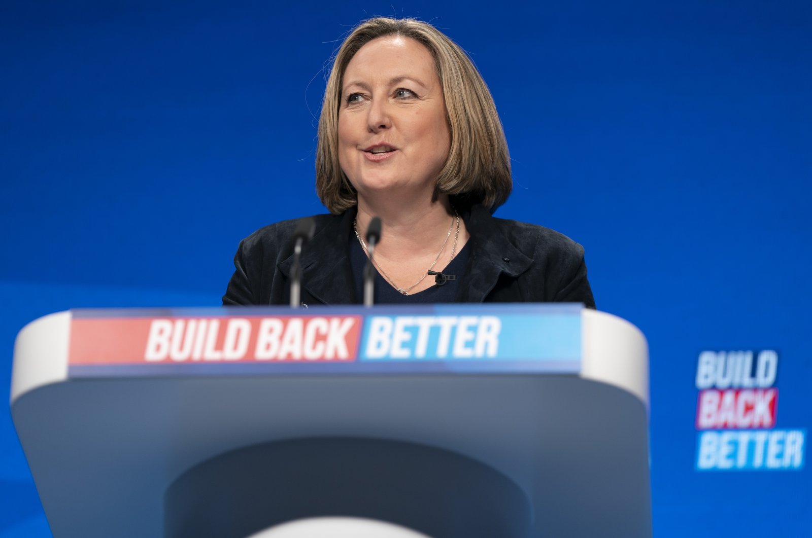 U.K. Secretary of State for International Trade, Anne-Marie Trevelyan, speaks at the Conservative Party Conference in Manchester, England, Oct. 3, 2021. (AP Photo)