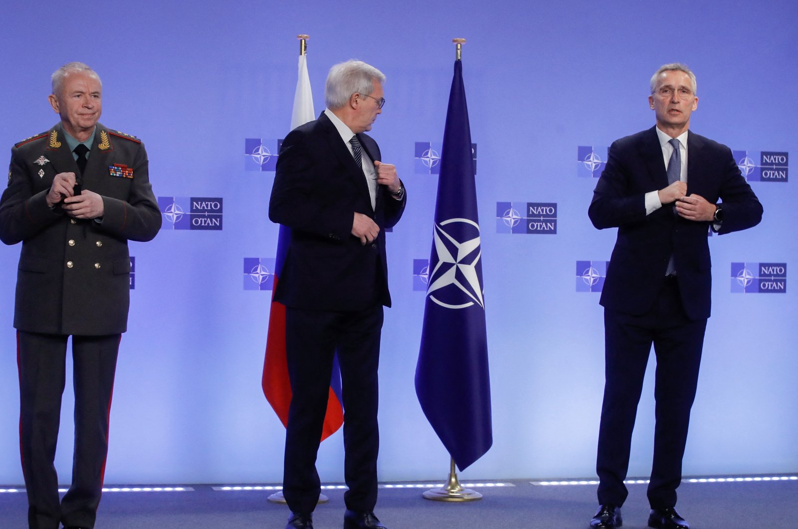 Russian Deputy Defense Minister Colonel General Alexander Fomin, Russian Deputy Foreign Minister Alexander Grushko and NATO Secretary-General Jens Stoltenberg are seen during NATO-Russia Council at the Alliance&#039;s headquarters in Brussels, Belgium, Jan. 12, 2022. (REUTERS Photo)