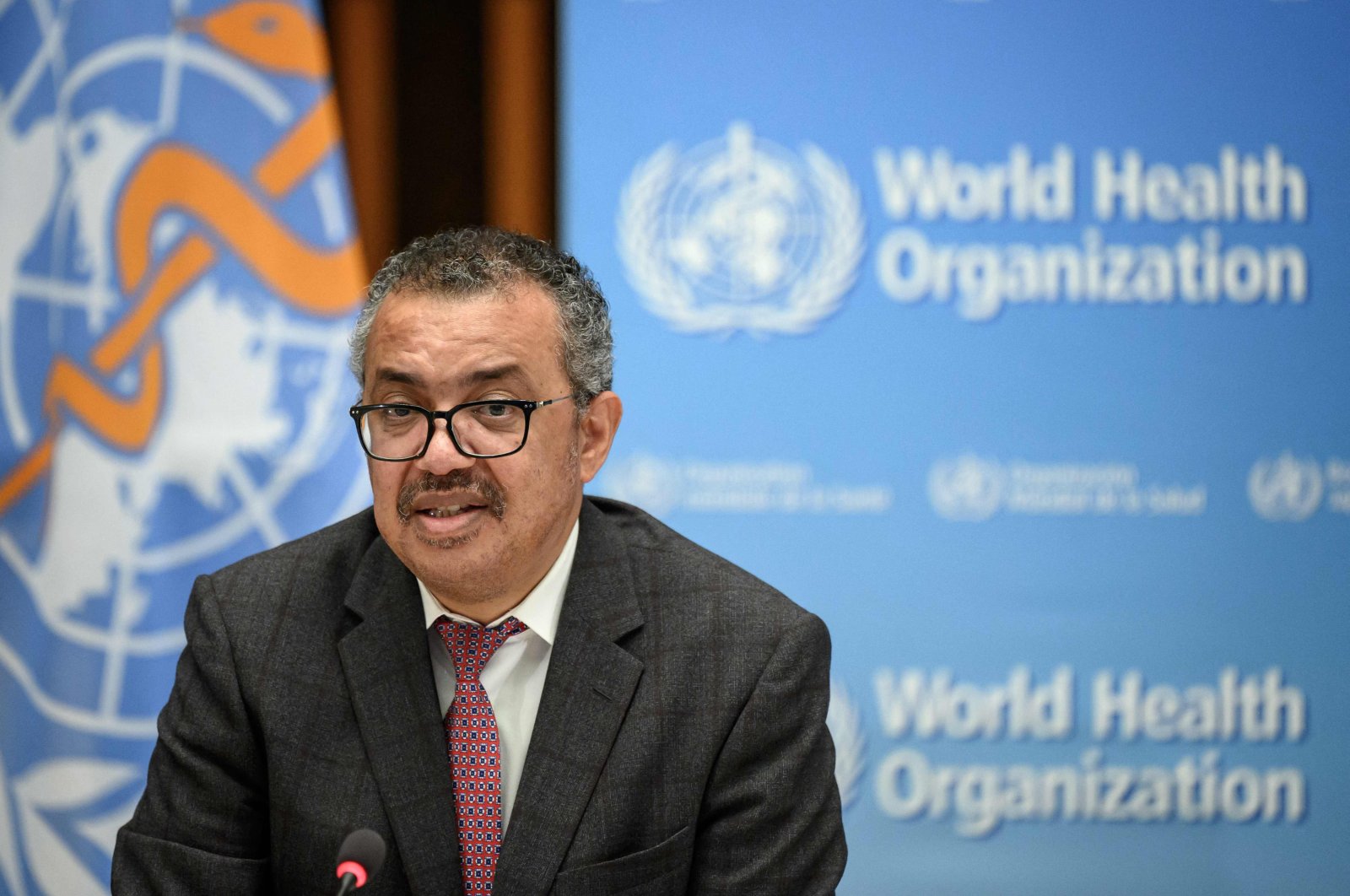 World Health Organization (WHO) Director-General Tedros Adhanom Ghebreyesus delivers a speech on the partnership with Qatar ahead of FIFA Football World Cup 2022 at the WHO headquarters in Geneva, Switzerland, Oct. 18, 2021. (AFP Photo)