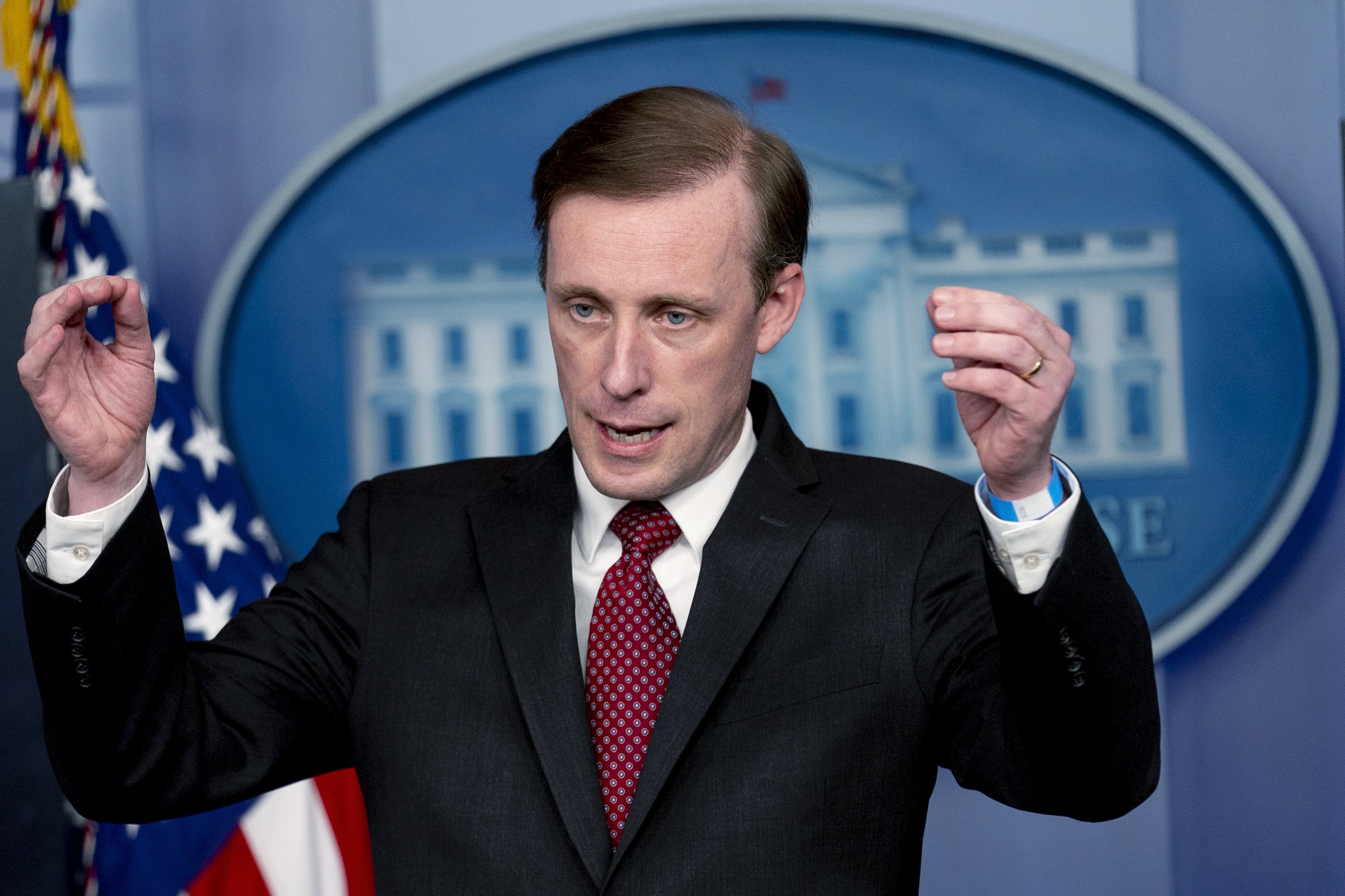 White House national security adviser Jake Sullivan gives an update about the ongoing talks with Russia at a press briefing at the White House in Washington, D.C., U.S., Jan. 13, 2022. (AP Photo)
