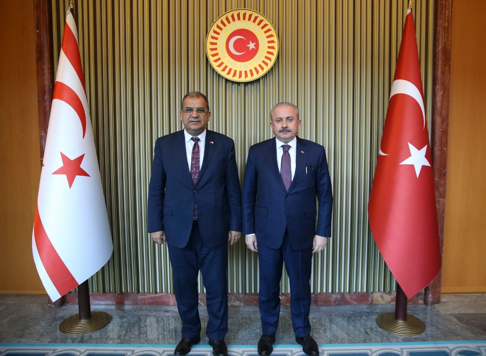 Parliament Speaker Mustafa Şentop together with Turkish Republic of Northern Cyprus (TRNC) Prime Minister Faiz Sucuoğlu in Ankara, Turkey, Jan.13, 2021 (DHA Photo) 