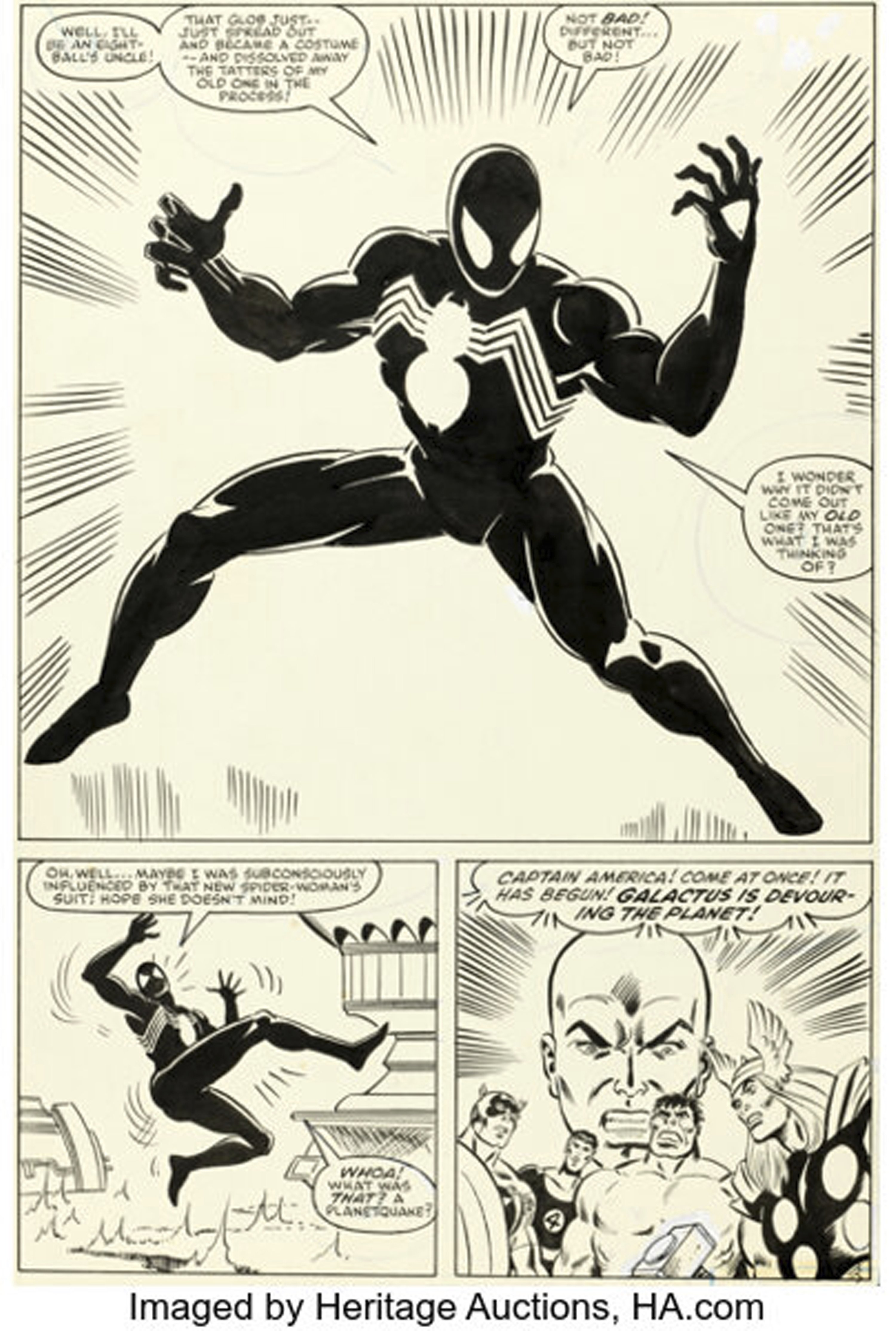 Gambar yang disediakan oleh Heritage Auctions ini menunjukkan dari komik Marvel tahun 1984 Secret Wars No. 8, yang menceritakan kisah asal usul kostum hitam Spider-Man yang sekarang menjadi ikon.  (Lelang Warisan melalui AP)