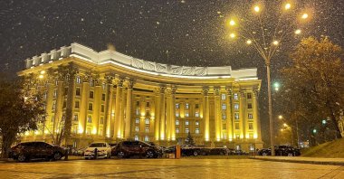 In this undated handout photo released by Ukrainian Foreign Ministry Press Service, the building of Ukrainian Foreign Ministry is seen during snowfall in Kyiv, Ukraine. (AP Photo)