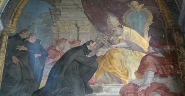 A fresco depicts Ignatius of Loyola receiving the papal bull from Pope Paul III was created after 1743 by Johann Christoph Handke in the Church of Our Lady Of the Snow in Olomouc. (Wikimedia) 