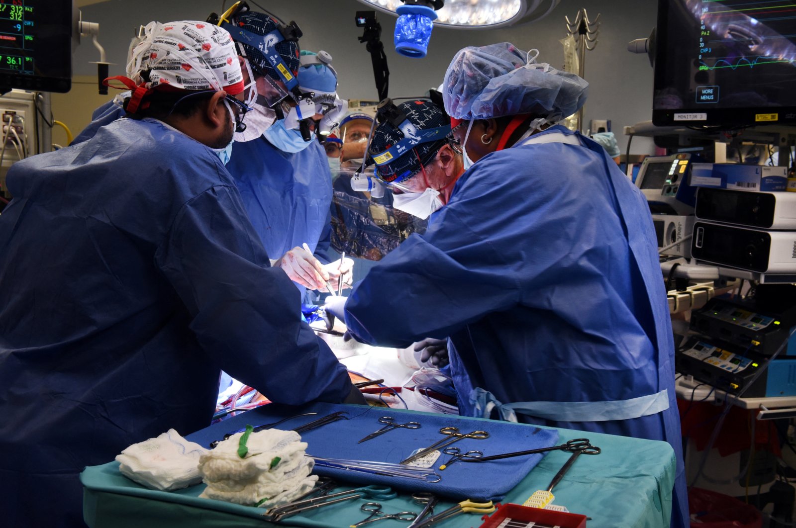 Surgeon Bartley P. Griffith, MD leads a team conducting a successful transplant of a genetically-modified pig heart on David Bennett, at University of Maryland Medical Center in Baltimore, Maryland, U.S., Jan. 7, 2022. (UMSOM via Reuters)