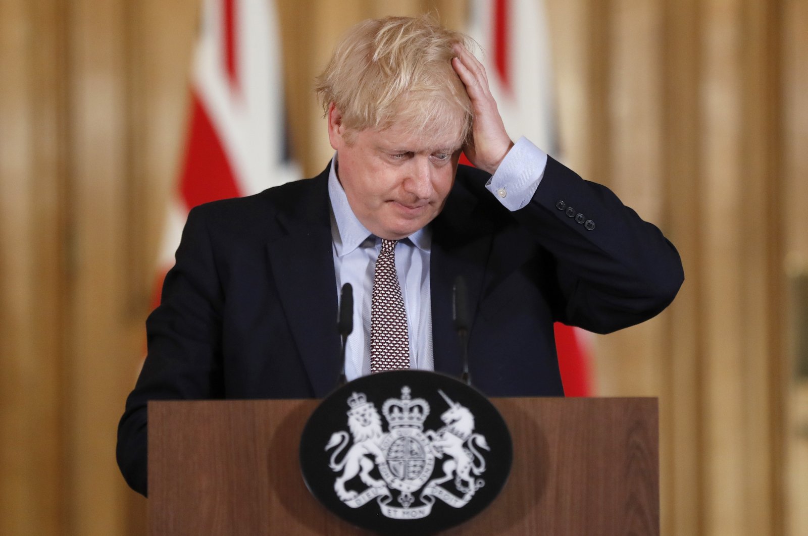 Britain&#039;s Prime Minister Boris Johnson reacts during a press conference on the government&#039;s coronavirus action plan, at Downing Street, London, U.K., March 3, 2020. (AP Photo)