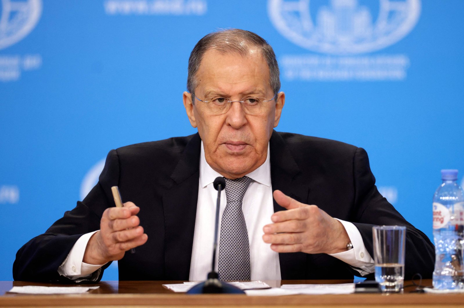 Russian Foreign Minister Sergey Lavrov gestures as he gives an annual press conference on Russian diplomacy in 2021, in Moscow, Russia, Jan. 14, 2022. (Photo by Dimitar DILKOFF via AFP)