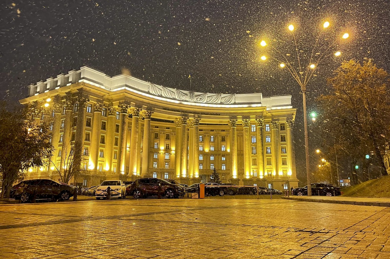 In this undated handout photo released by Ukrainian Foreign Ministry Press Service, the building of Ukrainian Foreign Ministry is seen during snowfall in Kyiv, Ukraine. (AP Photo)