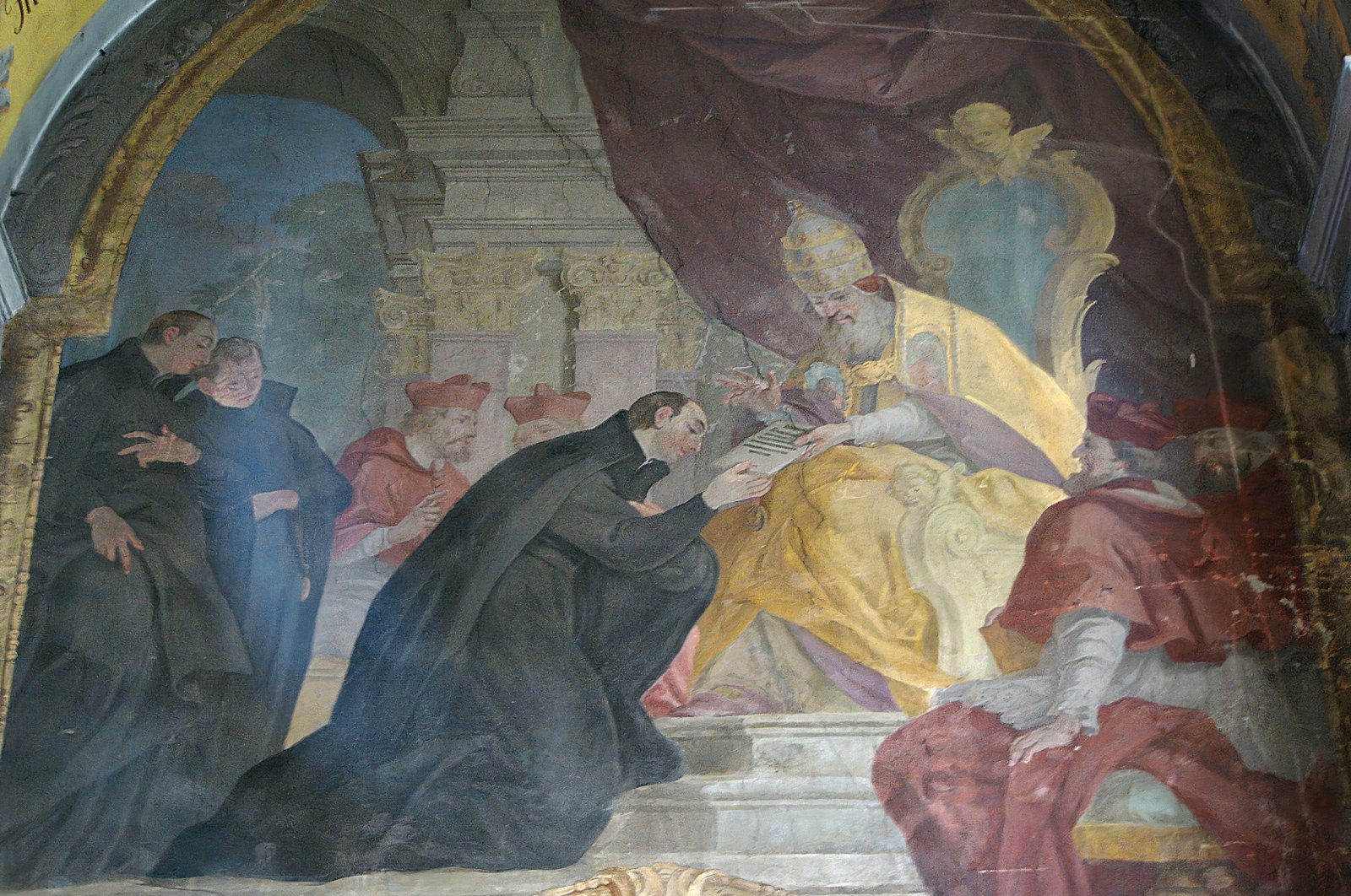 A fresco depicts Ignatius of Loyola receiving the papal bull from Pope Paul III was created after 1743 by Johann Christoph Handke in the Church of Our Lady Of the Snow in Olomouc. (Wikimedia) 