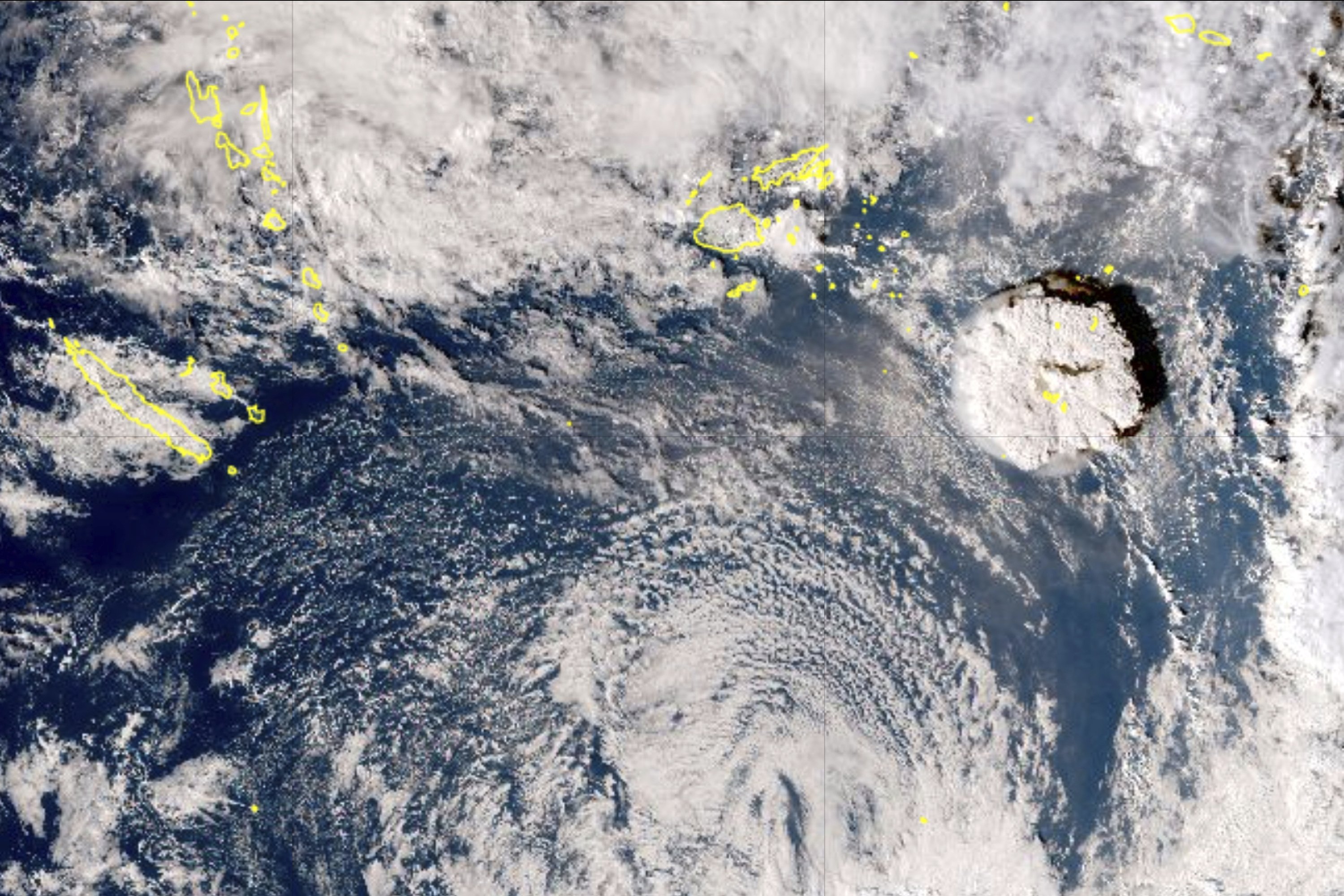 A satellite image taken by Japanese weather satellite Himawari-8 shows an undersea volcano eruption near the Pacific nation of Tonga, Jan. 15, 2022. (Japan Meteorology Agency via AP)