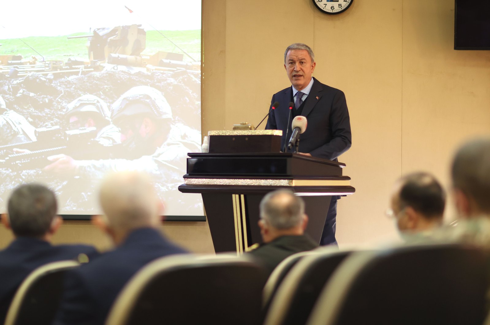 Defense Minister Hulusi Akar speaks to military members at the 3rd Corps Command in Istanbul, Turkey, Jan. 14, 2022. (AA Photo)