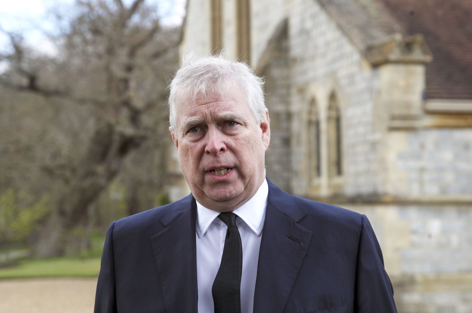 Britain&#039;s Prince Andrew speaks during a television interview at the Royal Chapel of All Saints at Royal Lodge, Windsor, U.K., April 11, 2021. (AP Photo)