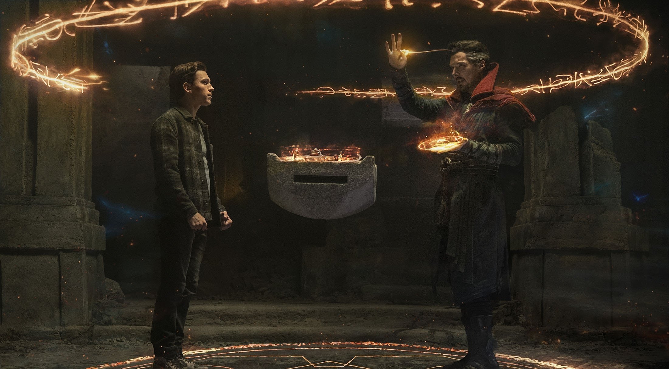 Tom Holland (L) and Benedict Cumberbatch in a scene from the movie 