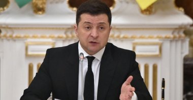 Ukrainian President Volodymyr Zelenskyy gestures during his statement following talks with Azerbaijan's President Ilham Aliyev in Kyiv, Ukraine, Jan. 14, 2022. (AFP Photo)