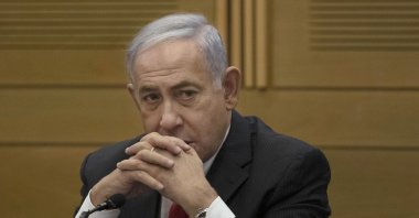 Former Israeli Prime Minister Benjamin Netanyahu speaks to right-wing opposition party members, at the Knesset, Israel's parliament, in Western Jerusalem, Israel, June 14, 2021.  (AP Photo)