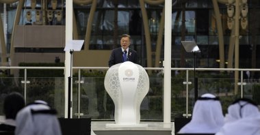South Korean President Moon Jae-in speaks during an official ceremony at Dubai Expo 2020, in Dubai, United Arab Emirates, Jan. 16, 2022. (AP Photo)
