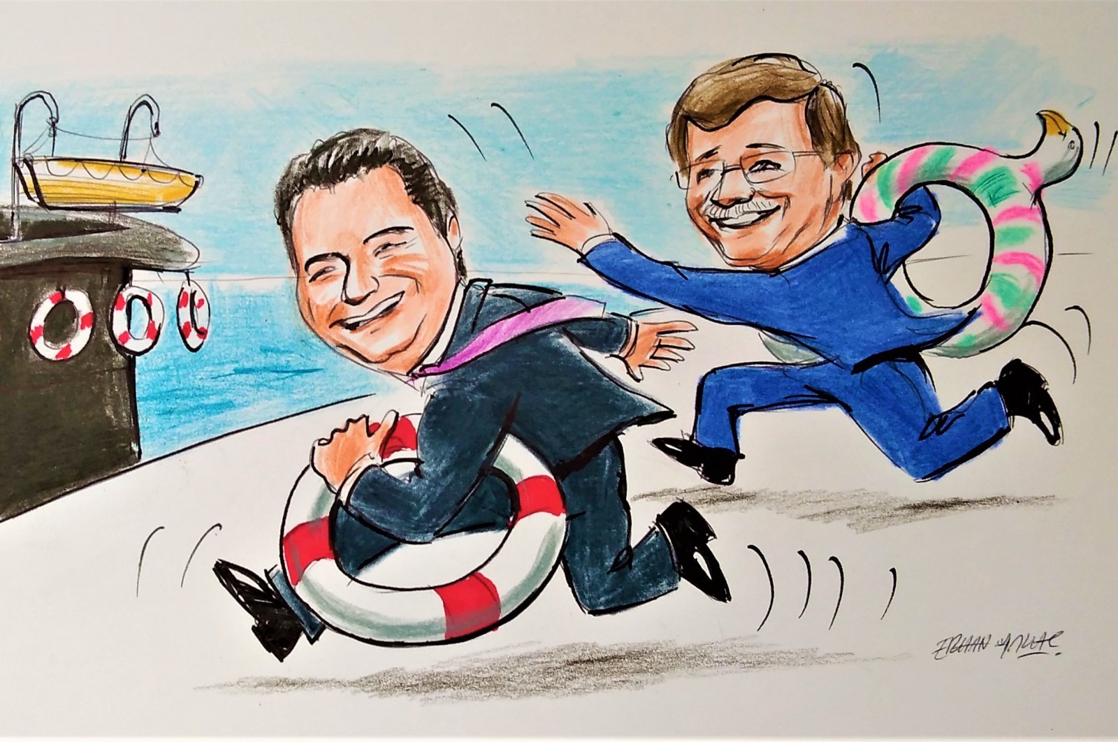 An illustration by Erhan Yalvaç satirizes the Democracy and Progress Party (DEVA) Chairman Ali Babacan (L) and the Future Party (GP) Chairman Ahmet Davutoğlu.