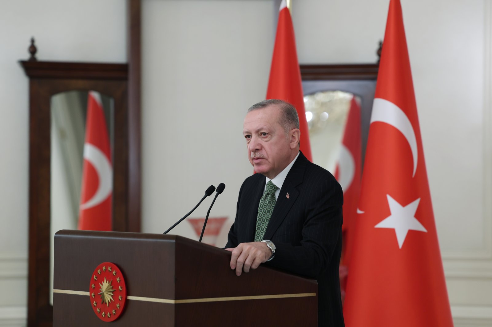 President Recep Tayyip Erdoğan delivers a speech during a meeting with European Union member states&#039; ambassadors in Ankara, Turkey, Jan. 13, 2022 (AA File Photo)