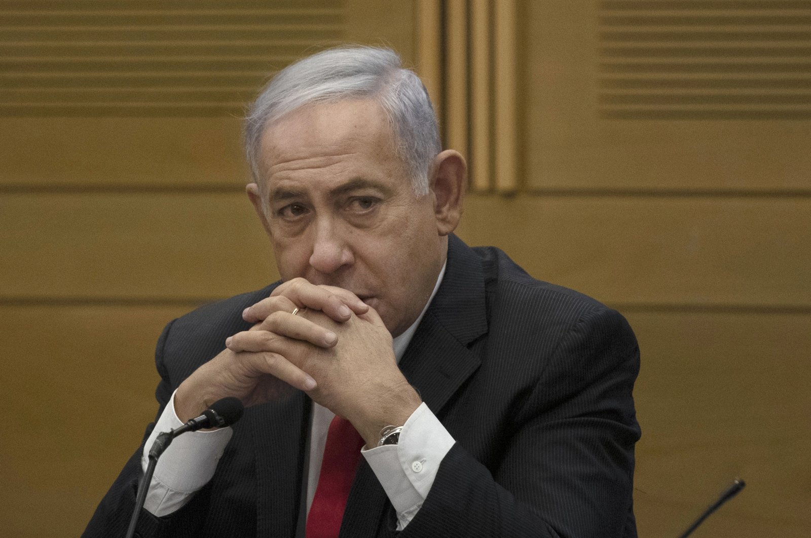 Former Israeli Prime Minister Benjamin Netanyahu speaks to right-wing opposition party members, at the Knesset, Israel&#039;s parliament, in Western Jerusalem, Israel, June 14, 2021.  (AP Photo)