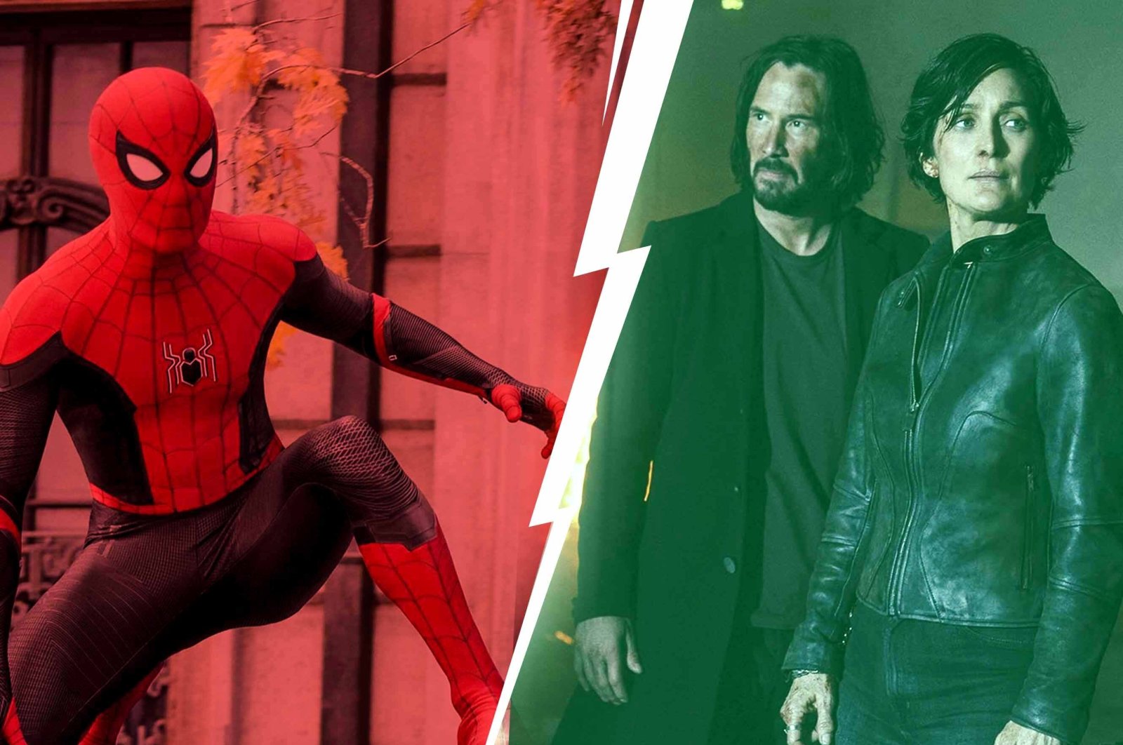 Tom Holland (L) in the film &quot;Spider-Man: No Way Home&quot; on the left, Keanu Reeves (L) and Carrie-Anne Moss in the film &quot;The Matrix Resurrections&quot; on the right. (Photos edited by Büşra Öztürk)