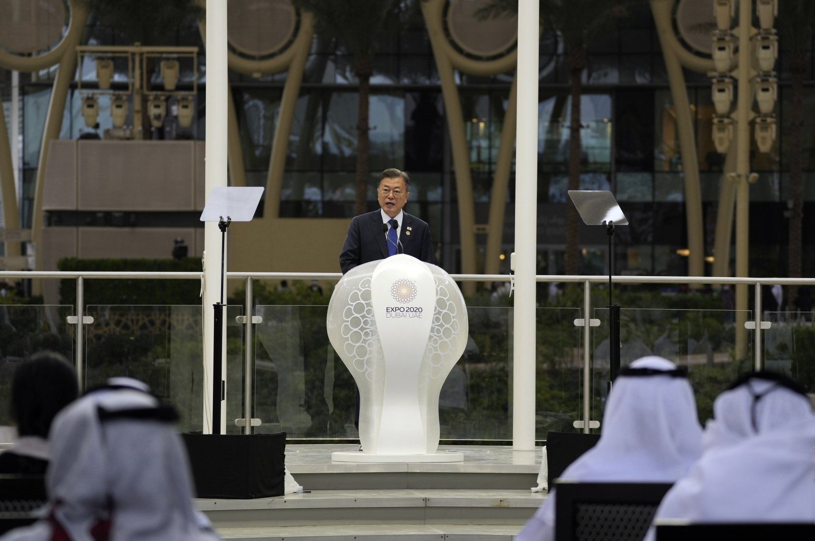 South Korean President Moon Jae-in speaks during an official ceremony at Dubai Expo 2020, in Dubai, United Arab Emirates, Jan. 16, 2022. (AP Photo)